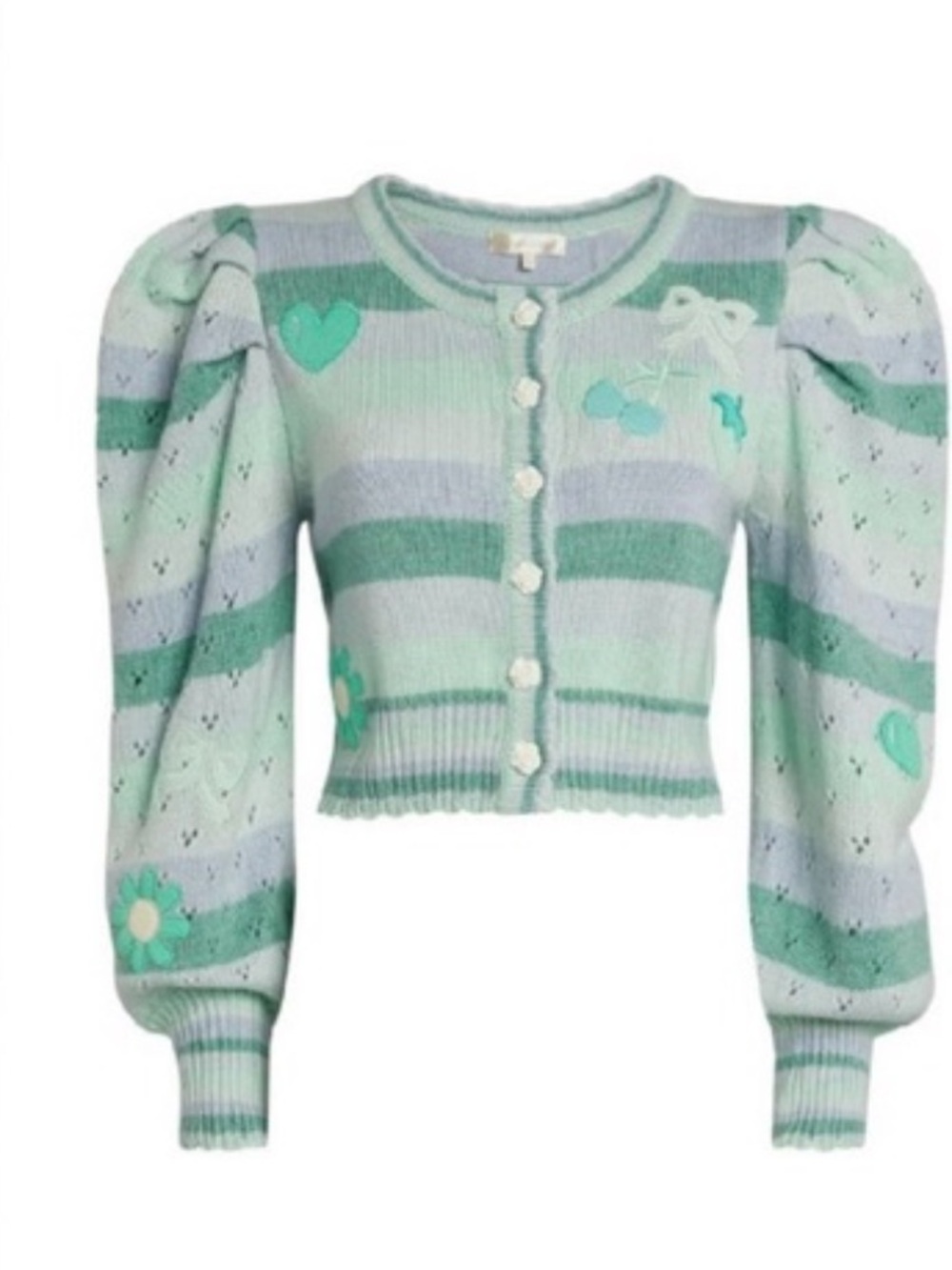 LoveShackFancy Mint & Light Green Striped Puff-Sleeve Cardigan